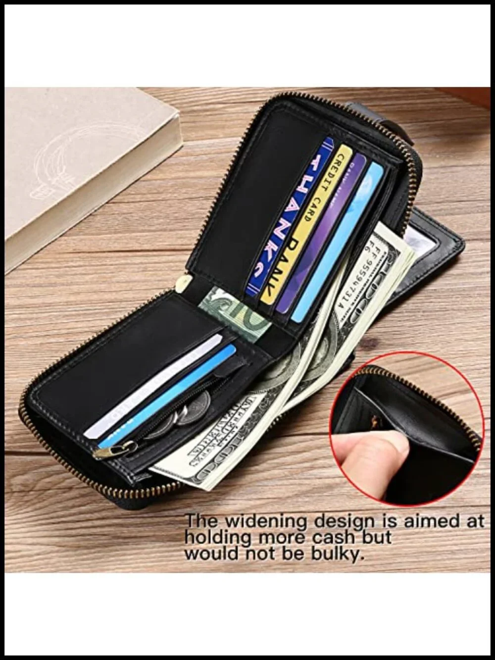 Genuine Leather RFID Blocking Zipper Wallet with Coin Pocket ID Window